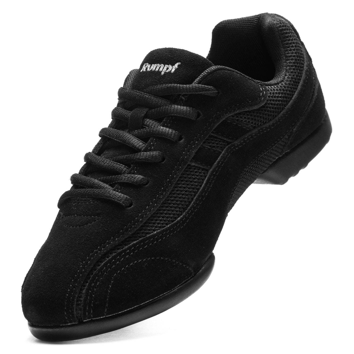 Rumpf's 1592 Jive Sneaker in Schwarz: Schwarzer Tanz-Schnürsneaker mit Wildleder, Mesh-Details und Chromleder-Einsatz.
